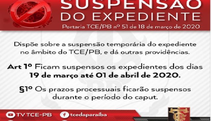 TCE/PB SUSPENDE EXPEDIENTE E PRAZOS PROCESSUAIS
